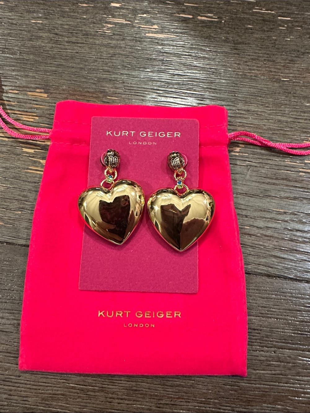 Kurt Geiger Gold Heart Drop Earrings with Pink Pouch